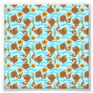 Otter Family Orange Flowers Floral Aquatic Animal Photo Print