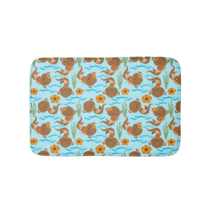 Otter Family Orange Flowers Floral Aquatic Animals Bath Mat