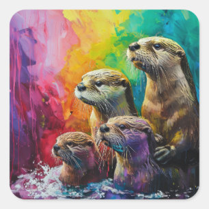 Otter Family Painting Square Sticker