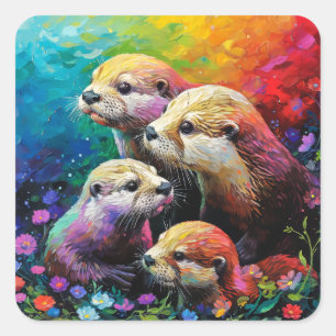 Otter Family Painting Square Sticker
