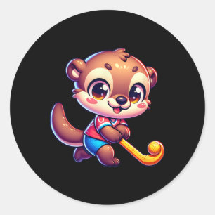 Otter Field Hockey Cartoon Player Cute Sports Masc Classic Round Sticker