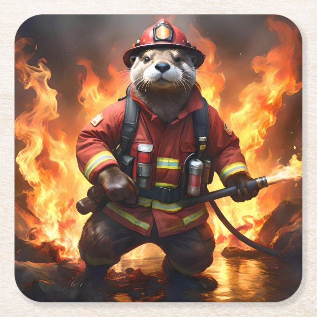 Otter Firefighter, Square Paper Coaster (Front)