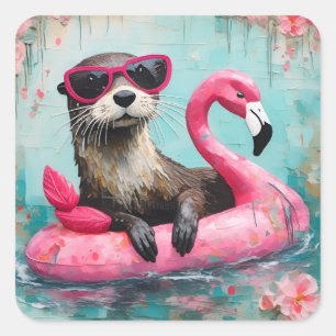 Otter Floating on a Pink Flamingo Funny Collage Square Sticker
