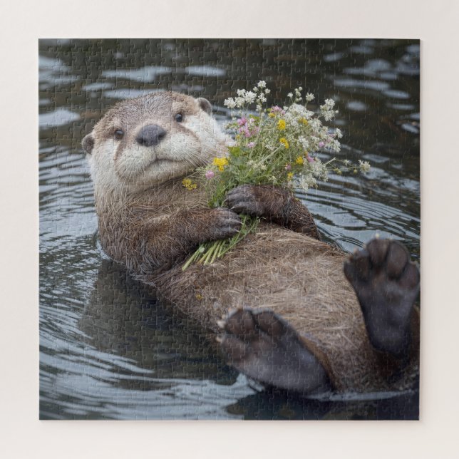 Otter Floating with Wildflower Bouquet Jigsaw Puzzle (Vertical)