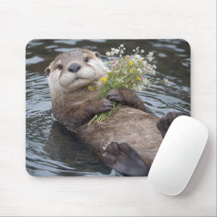 Otter Floating with Wildflower Bouquet Mouse Mat