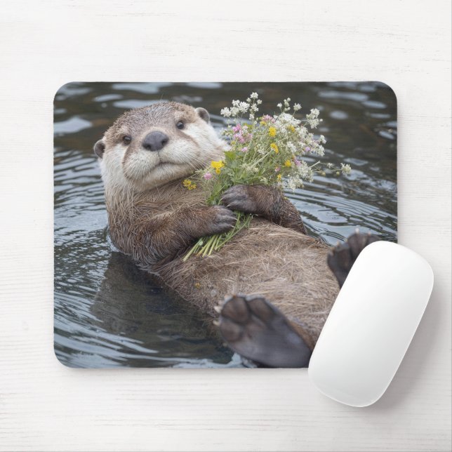 Otter Floating with Wildflower Bouquet Mouse Mat (With Mouse)