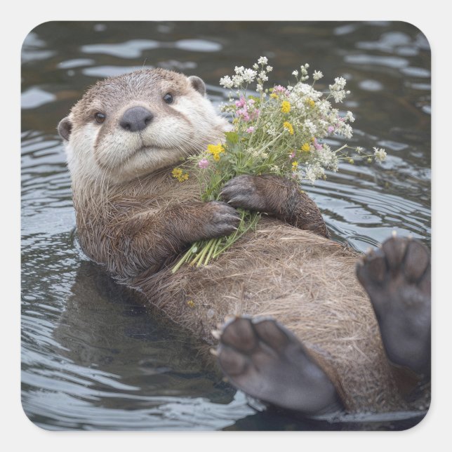 Otter Floating with Wildflower Bouquet Square Sticker (Front)