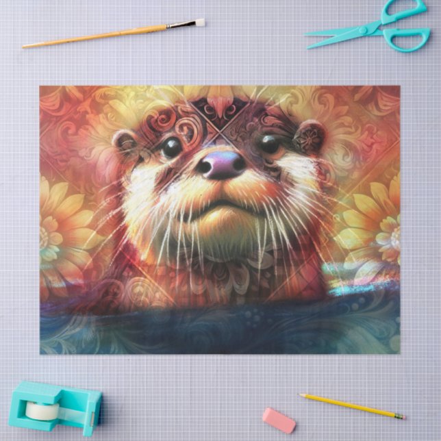 Otter Floral Teal Orange Otters Decoupage Tissue Paper (Craft)