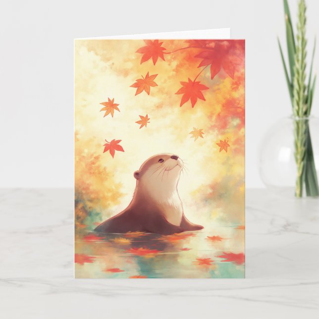 Otter Gaze Beneath Falling Leaves Card (Front)