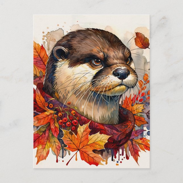 Otter Grump In Autumn Watercolor Postcard (Front)