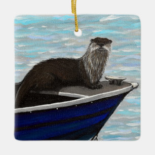 Otter in a Boat Painting Ceramic Ornament