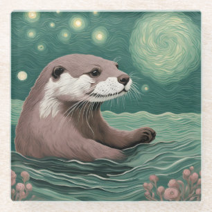 Otter in a Starry Night Ocean Sage and Rose Colour Glass Coaster