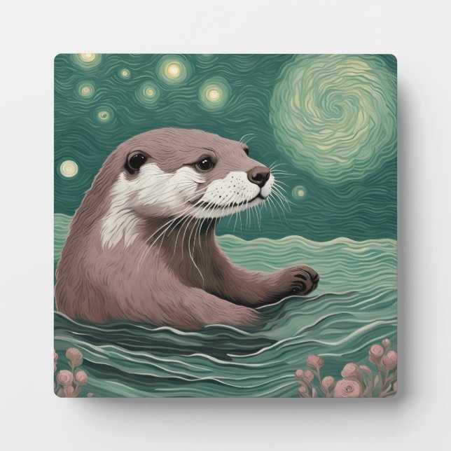 Otter in a Starry Night Ocean Sage and Rose Colour Plaque (Front)