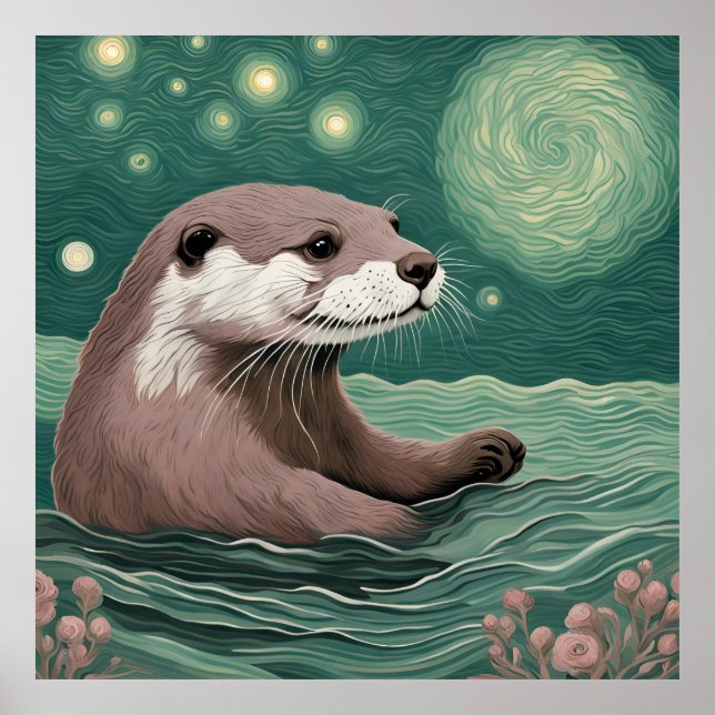 Otter in a Starry Night Ocean Sage and Rose Colour Poster (Front)