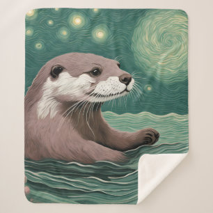 Otter in a Starry Night Ocean Sage and Rose Colour Sherpa Blanket