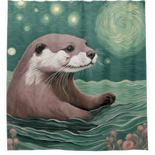 Otter in a Starry Night Ocean Sage and Rose Colour Shower Curtain