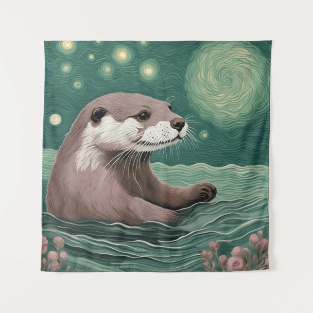 Otter in a Starry Night Ocean Sage and Rose Colour Tapestry (Front)