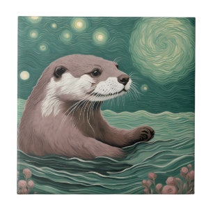 Otter in a Starry Night Ocean Sage and Rose Colour Tile