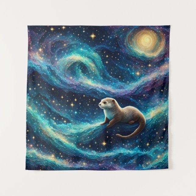 Otter in a Starry Night Ocean Tapestry (Front)