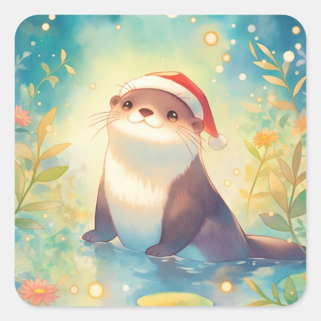 Otter in Santa Hat in Pond with Flowers and Bokeh  Square Sticker (Front)