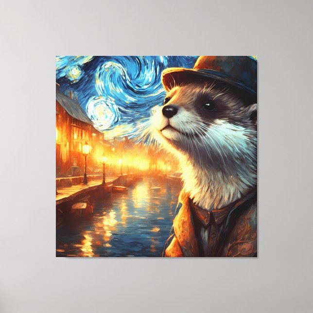Otter in the Starry Night City Canvas Print (Front)