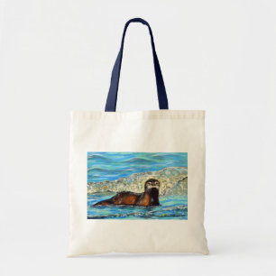 Otter in the Waves 2 Painting Tote Bag