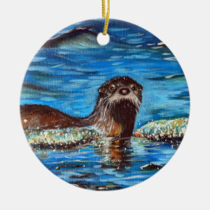 Otter in the Waves Painting Ceramic Tree Decoration