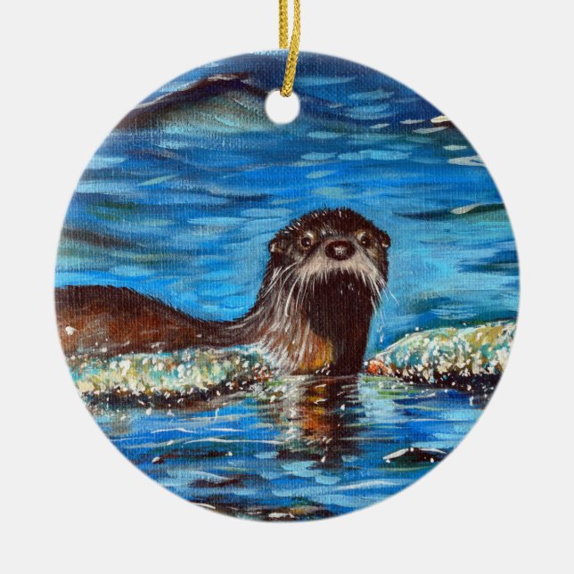 Otter in the Waves Painting Ceramic Tree Decoration (Front)