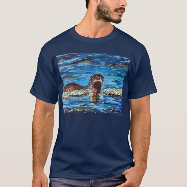 Otter in the Waves Painting  T-Shirt (Front)