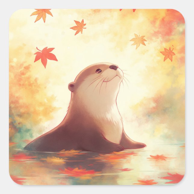 Otter in Water with Falling Autumn Maple Leaves Square Sticker (Front)