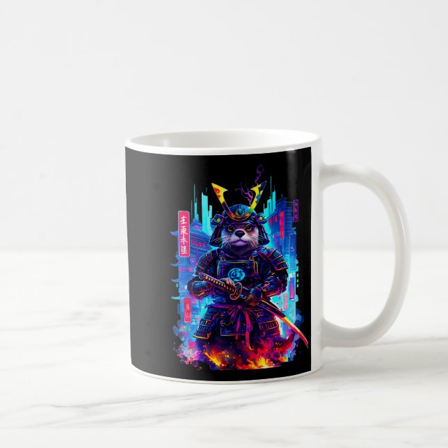 Otter Katana Cyberpunk Neon Samurai Japanese Art  Coffee Mug (Right)