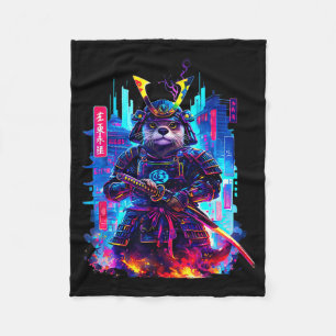 Otter Katana Cyberpunk Neon Samurai Japanese Art Fleece Blanket