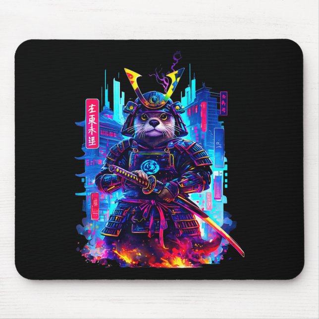 Otter Katana Cyberpunk Neon Samurai Japanese Art  Mouse Mat (Front)