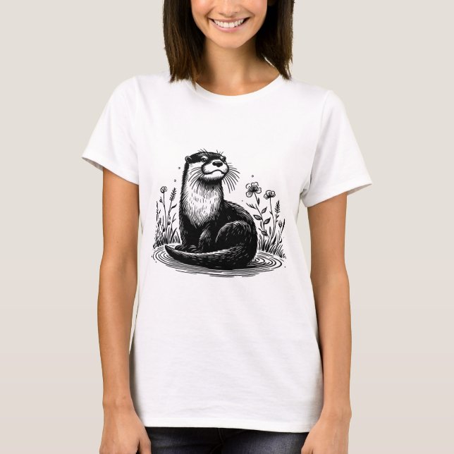 Otter Line Art Nature Illustration T-Shirt (Front)