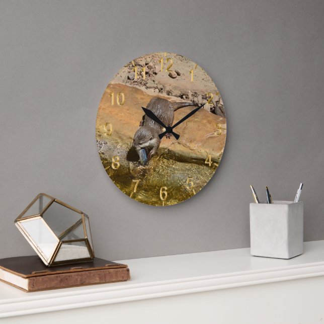 Otter Loving His Lunch, Large Clock (Office)