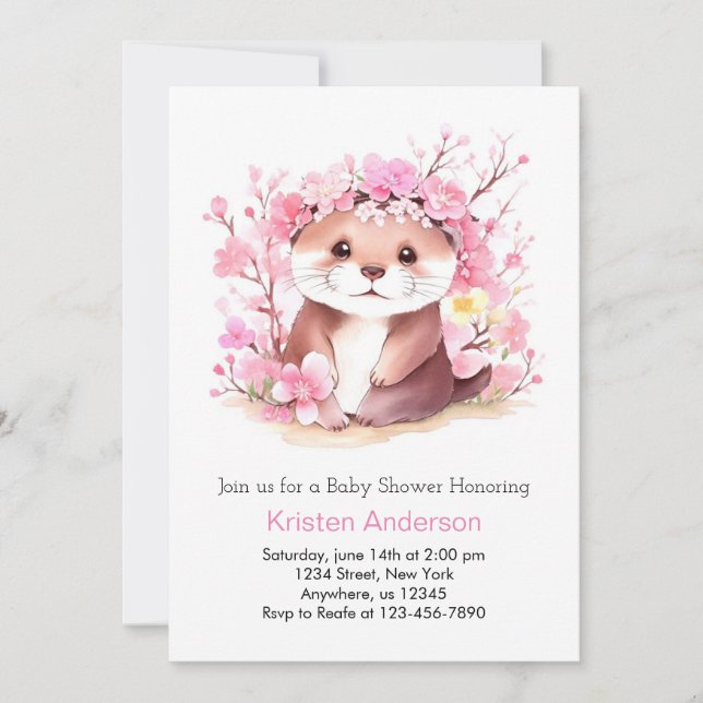 Otter Magic Pink Wildflowers Girl Baby Shower Invitation (Front)