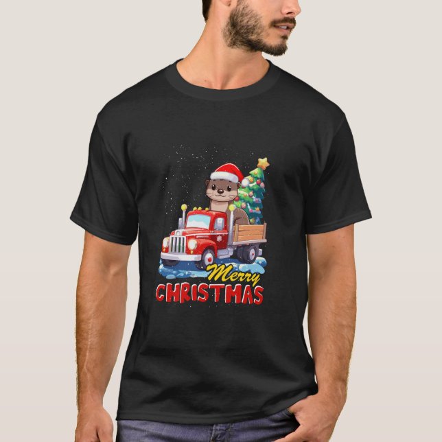Otter Merry Christmas Tree Lighting Truck Ugly X M T-Shirt (Front)