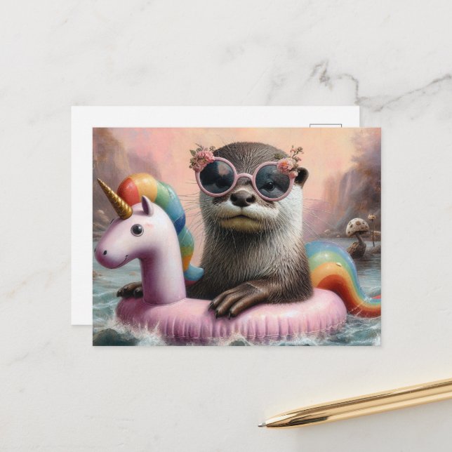 Otter on a pink Unicorn Float Postcard (Front/Back In Situ)