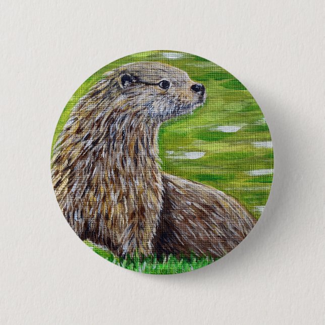 Otter on a River Bank Painting 6 Cm Round Badge (Front)