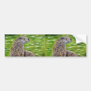 Otter on a River Bank Painting Bumper Sticker