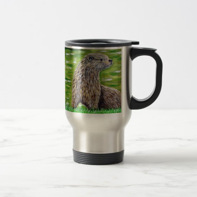 Otter on a River Bank Painting Travel Mug (Right)