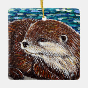 Otter on a Rock Painting Ceramic Ornament