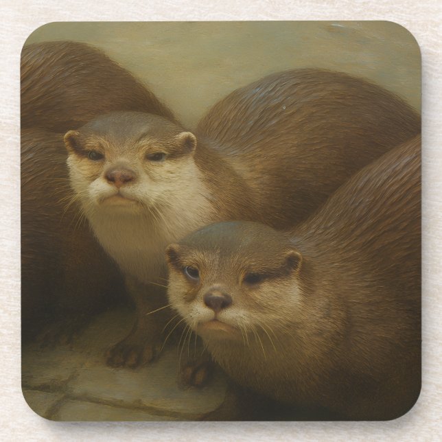 Otter Quartet – Playful Wildlife Art Print Coaster (Front)