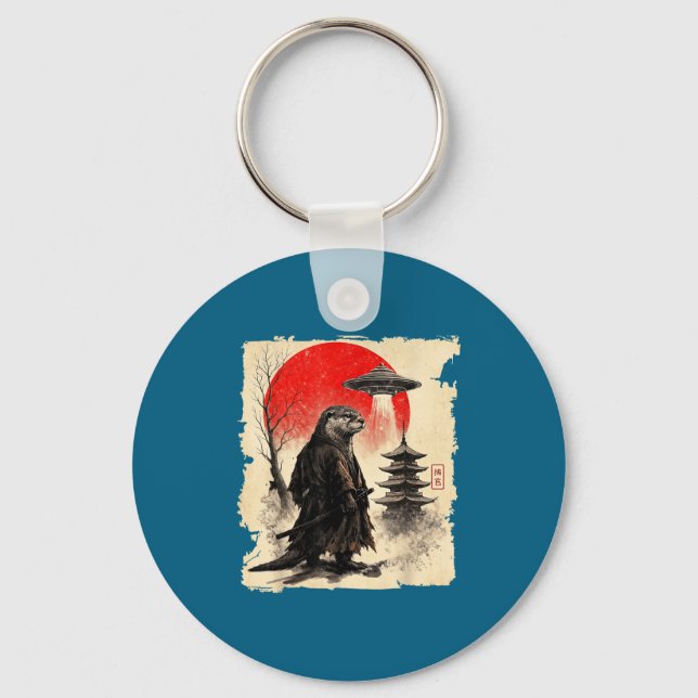 Otter Samurai Retro Ufo Japanese Warrior Art Graph Key Ring (Front)