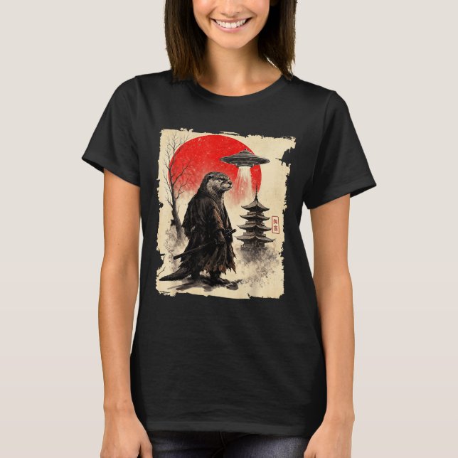 Otter Samurai Retro Ufo Japanese Warrior Art Graph T-Shirt (Front)