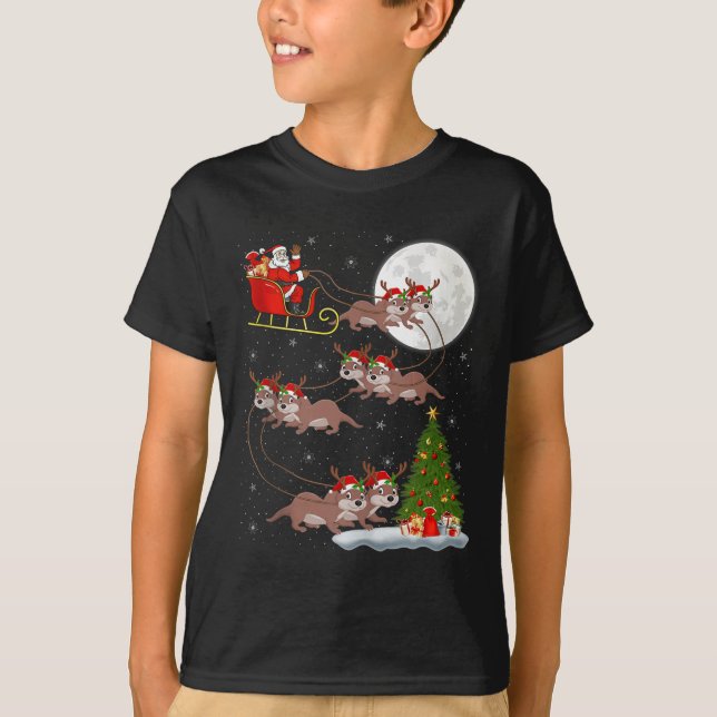 Otter Santa Sleigh Flying Funny Magical Christmas  T-Shirt (Front)