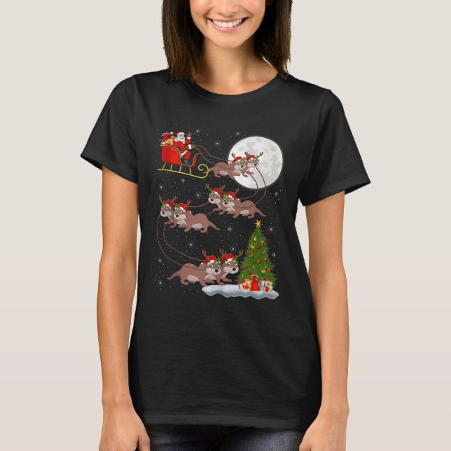 Otter Santa Sleigh Flying Funny Magical Christmas  T-Shirt (Front)