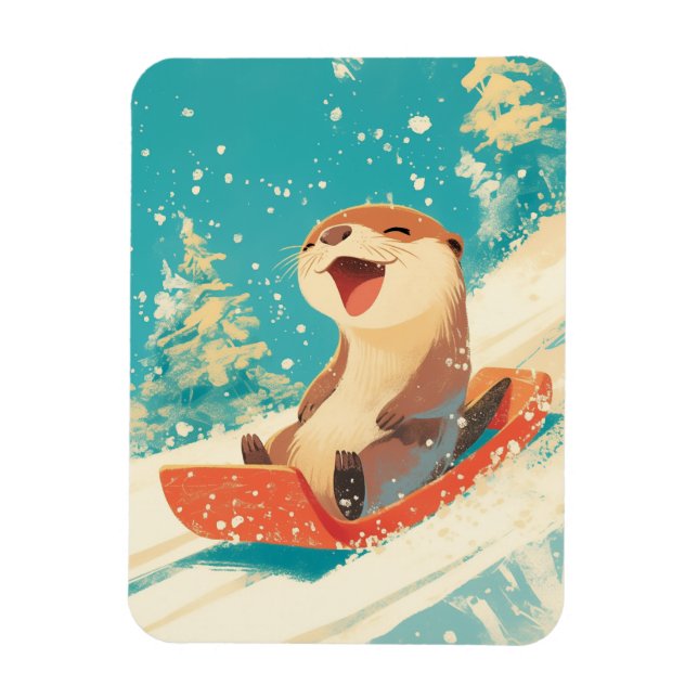 Otter Sledding in Snow Magnet (Vertical)