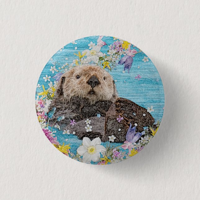 Otter Swimming in Flowers 3 Cm Round Badge (Front)