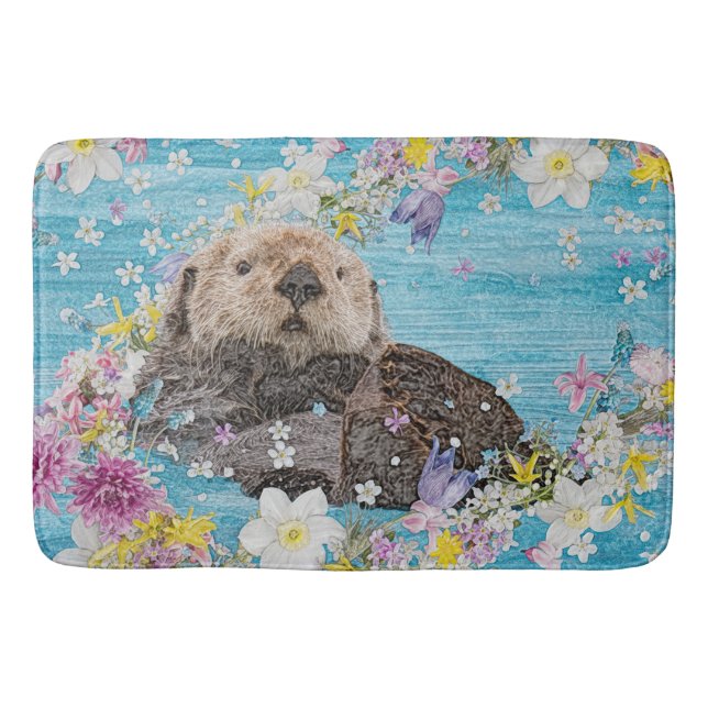 Otter Swimming in Flowers Bath Mat (Front)